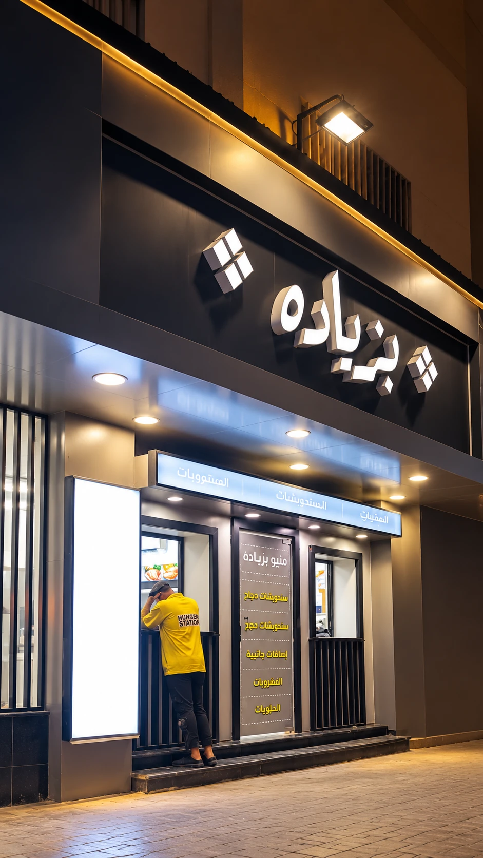 واجهة مطعم بزياده ليلاً